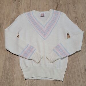 VTG 70s Offspring Wool Blend Sweater Academia V Neck Fair Isle Coquette Preppy